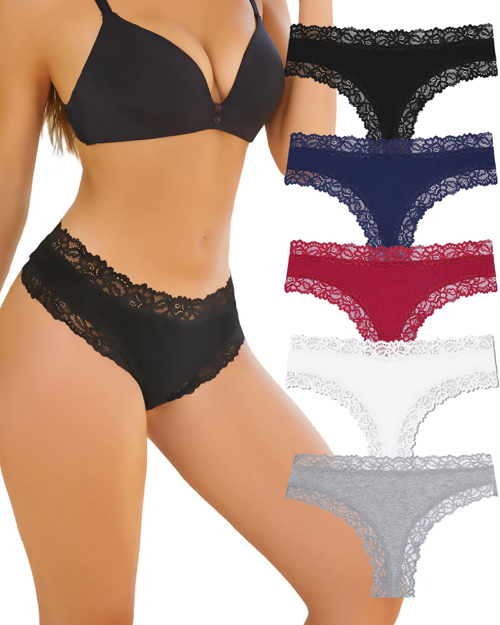 ALL OF SHE Mutande Brasiliana Donna Cotone Slip Pizzo Set Mutandine a Vita Bassa Intimo Seducente Culotte Underwear Pacco da 5