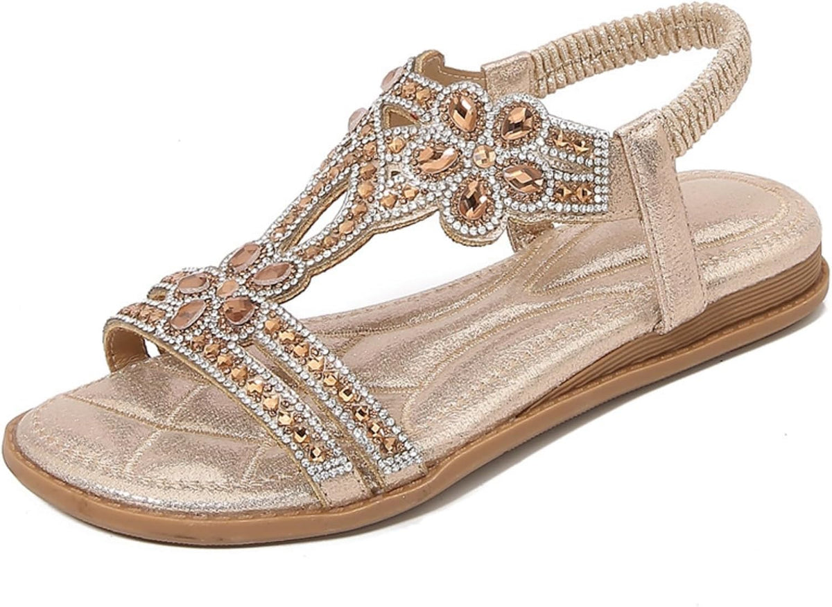 Sandali bassi da donna, eleganti, estivi, da spiaggia, bohémien, con strass, cinturino alla caviglia, antiscivolo