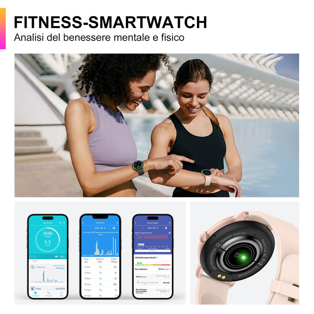 AcclaFit Smartwatch Uomo Donna con Chiamate Bluetooth, Orologio Fitness Rotondo da 1,38" con 147+ Modalità Sportive, Cardiofrequenzimetro, Sonno, IP68 Impermeabile, Compatibile con Android iOS