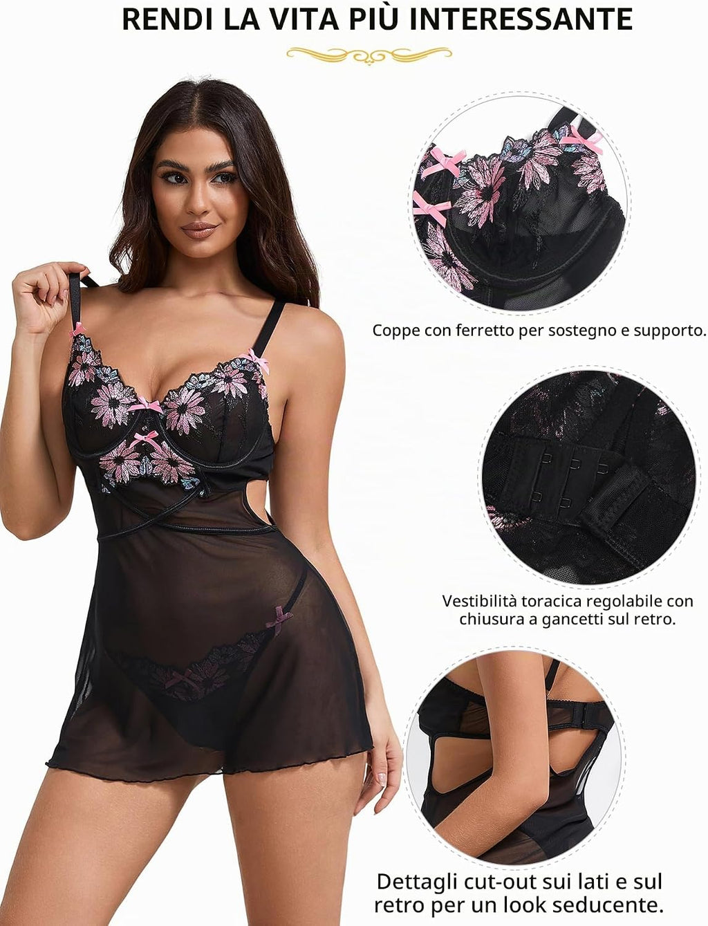 ohmydear Babydoll Donna Pizzo con Ricamo Completo Intimo con Reggiseno Push Up e G-String Camicia da Notte Donna Spalline Regolabile Lingerie Hot Cruvy Abito Senza Schienale