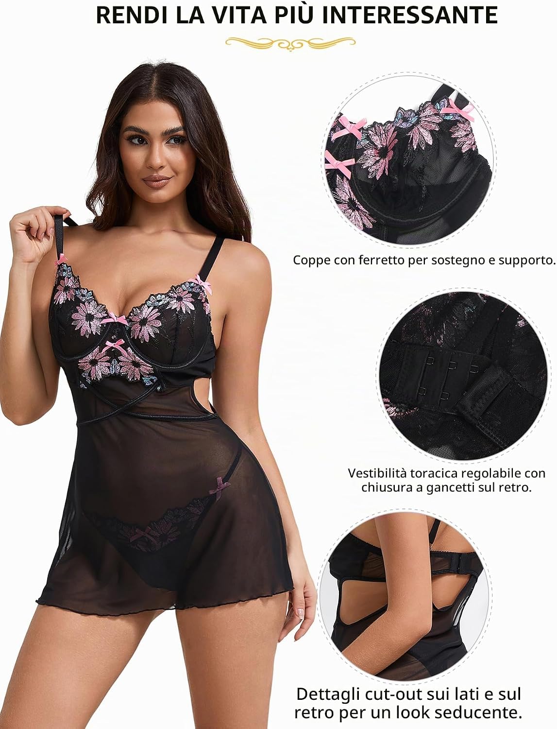 ohmydear Babydoll Donna Pizzo con Ricamo Completo Intimo con Reggiseno Push Up e G-String Camicia da Notte Donna Spalline Regolabile Lingerie Hot Cruvy Abito Senza Schienale