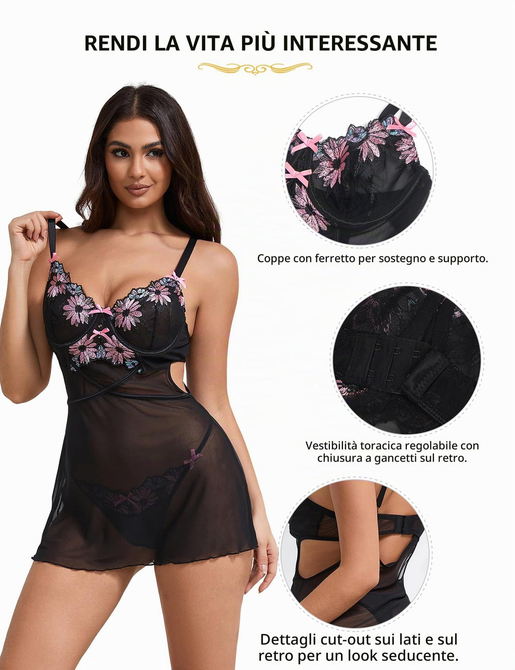 ohmydear Babydoll Donna Pizzo con Ricamo Completo Intimo con Reggiseno Push Up e G-String Camicia da Notte Donna Spalline Regolabile Lingerie Hot Cruvy Abito Senza Schienale