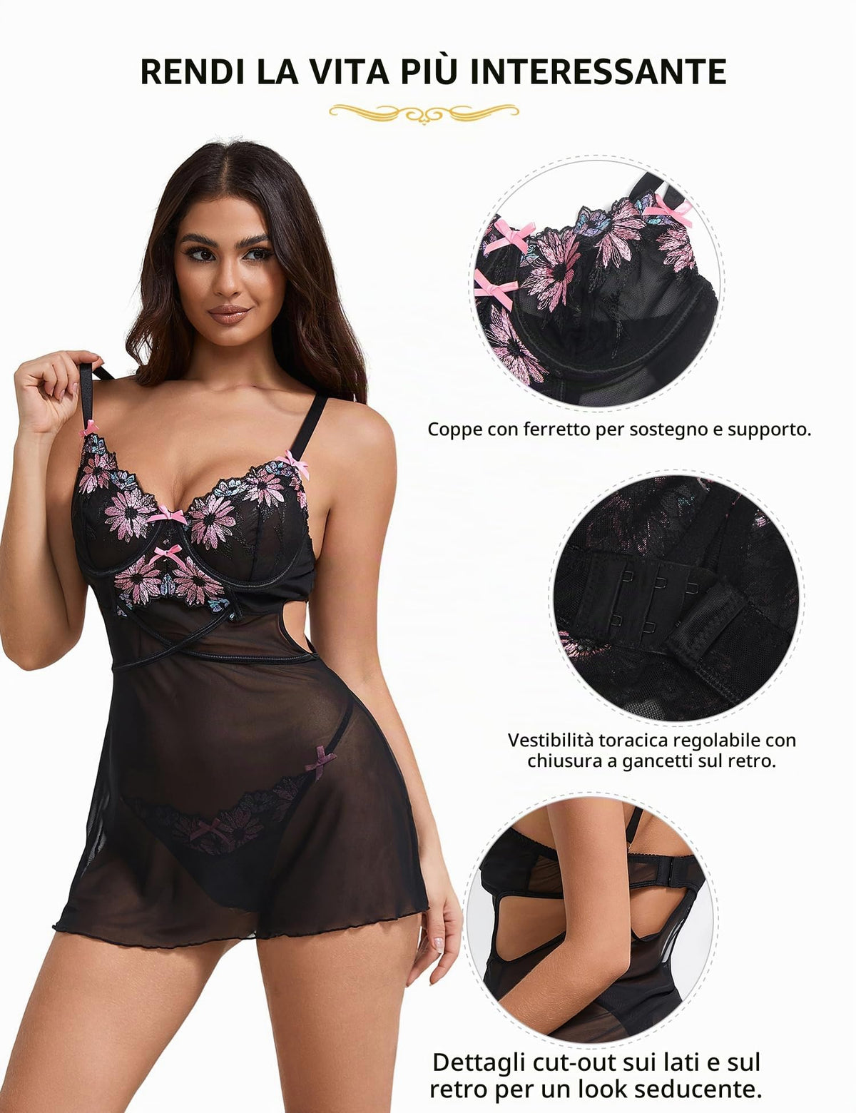 ohmydear Babydoll Donna Pizzo con Ricamo Completo Intimo con Reggiseno Push Up e G-String Camicia da Notte Donna Spalline Regolabile Lingerie Hot Cruvy Abito Senza Schienale