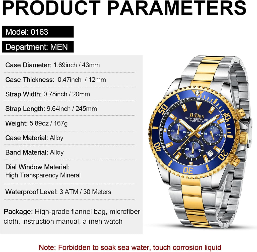 BIDEN Orologio Uomo Orologio Militare Acciaio Cronografo Impermeabile Luminosi Design Orologi Quadrante Grande da Polso Elegante Sportivo Analogici Data…