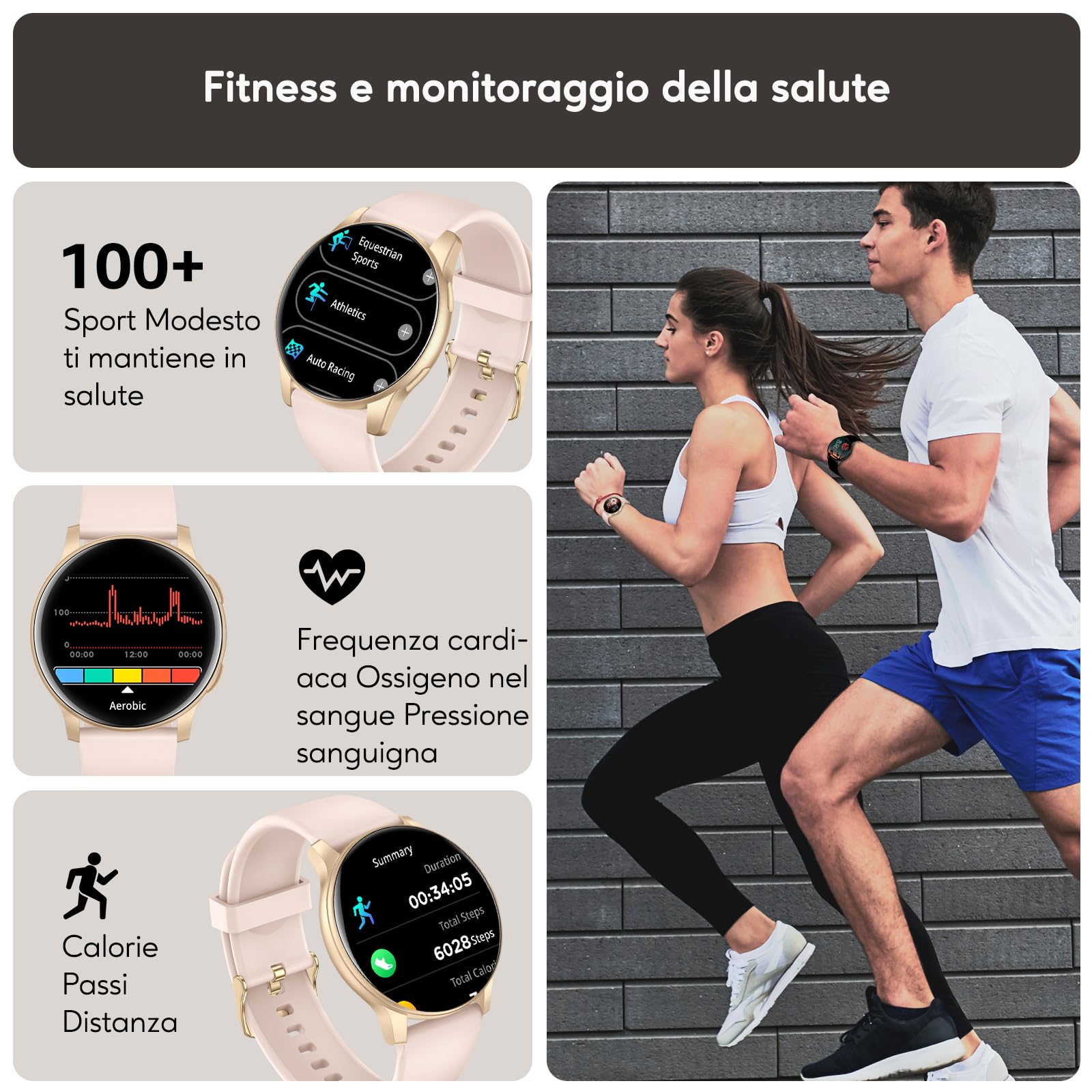 AcclaFit Smartwatch Uomo Donna con Chiamate Bluetooth, Orologio Fitness Rotondo da 1,38" con 147+ Modalità Sportive, Cardiofrequenzimetro, Sonno, IP68 Impermeabile, Compatibile con Android iOS