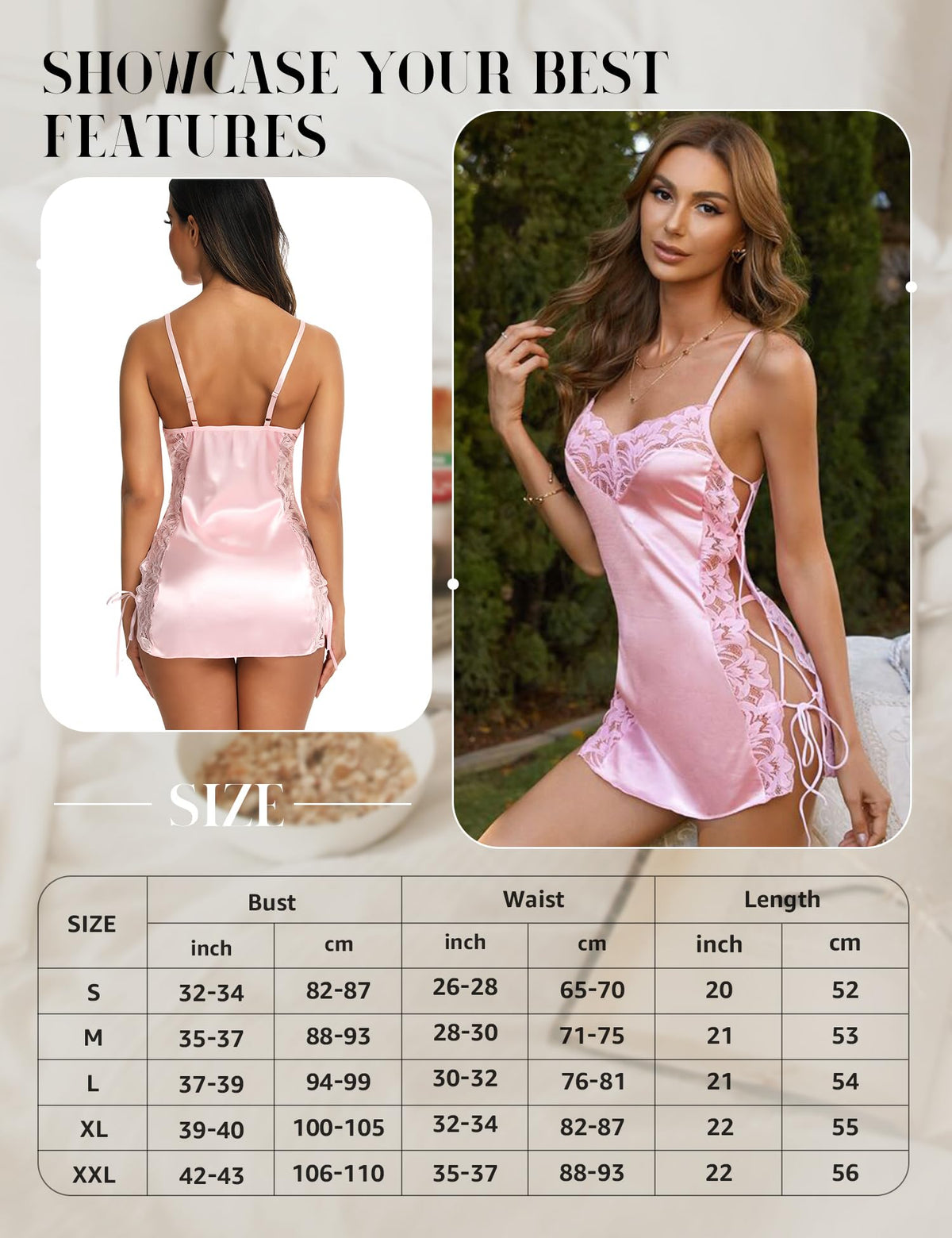 RSLOVE Lingerie Donna Babydoll Indumenti da Notte di Seta Sottoveste Sexy in Pizzo Vestaglia