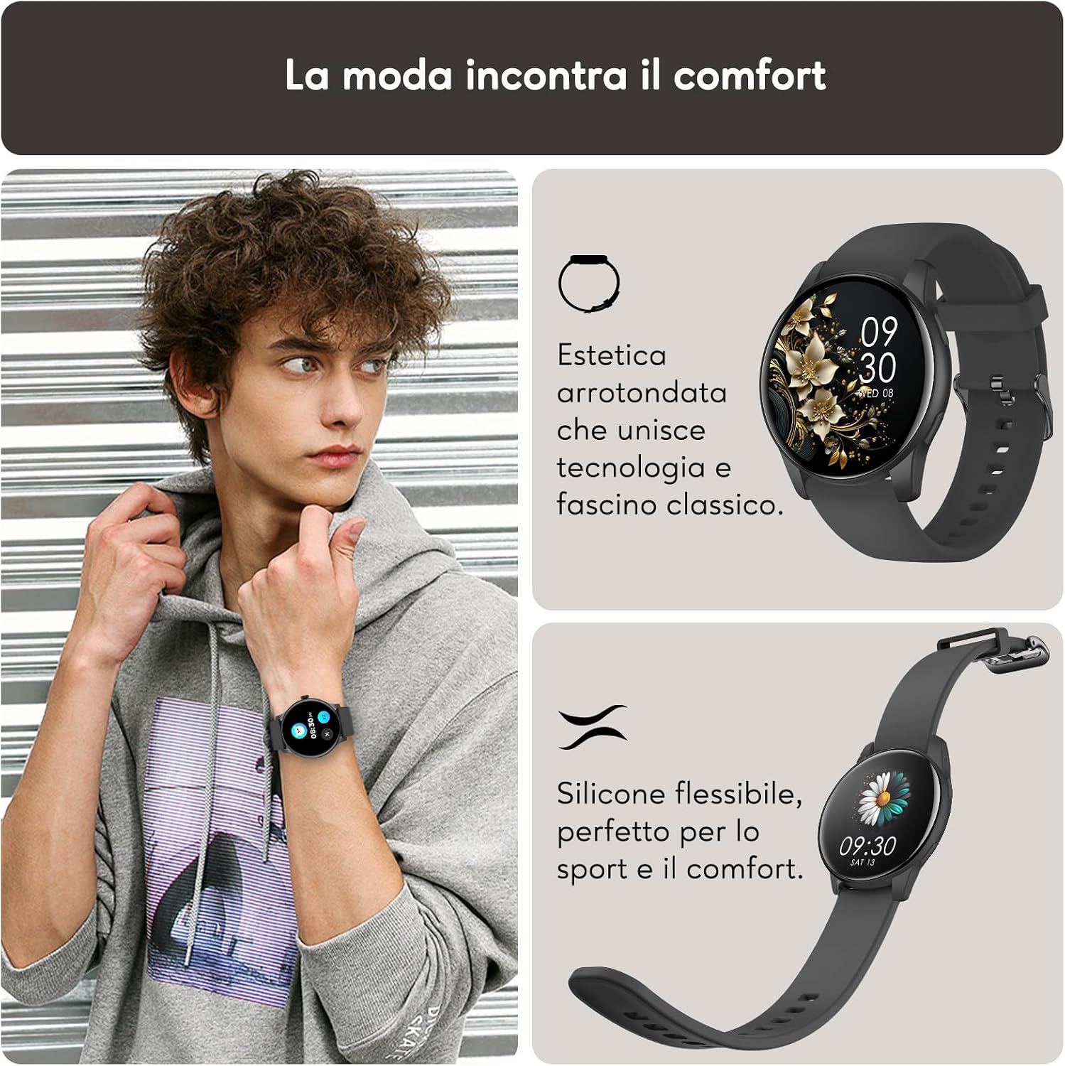 AcclaFit Smartwatch Uomo Donna con Chiamate Bluetooth, Orologio Fitness Rotondo da 1,38" con 147+ Modalità Sportive, Cardiofrequenzimetro, Sonno, IP68 Impermeabile, Compatibile con Android iOS