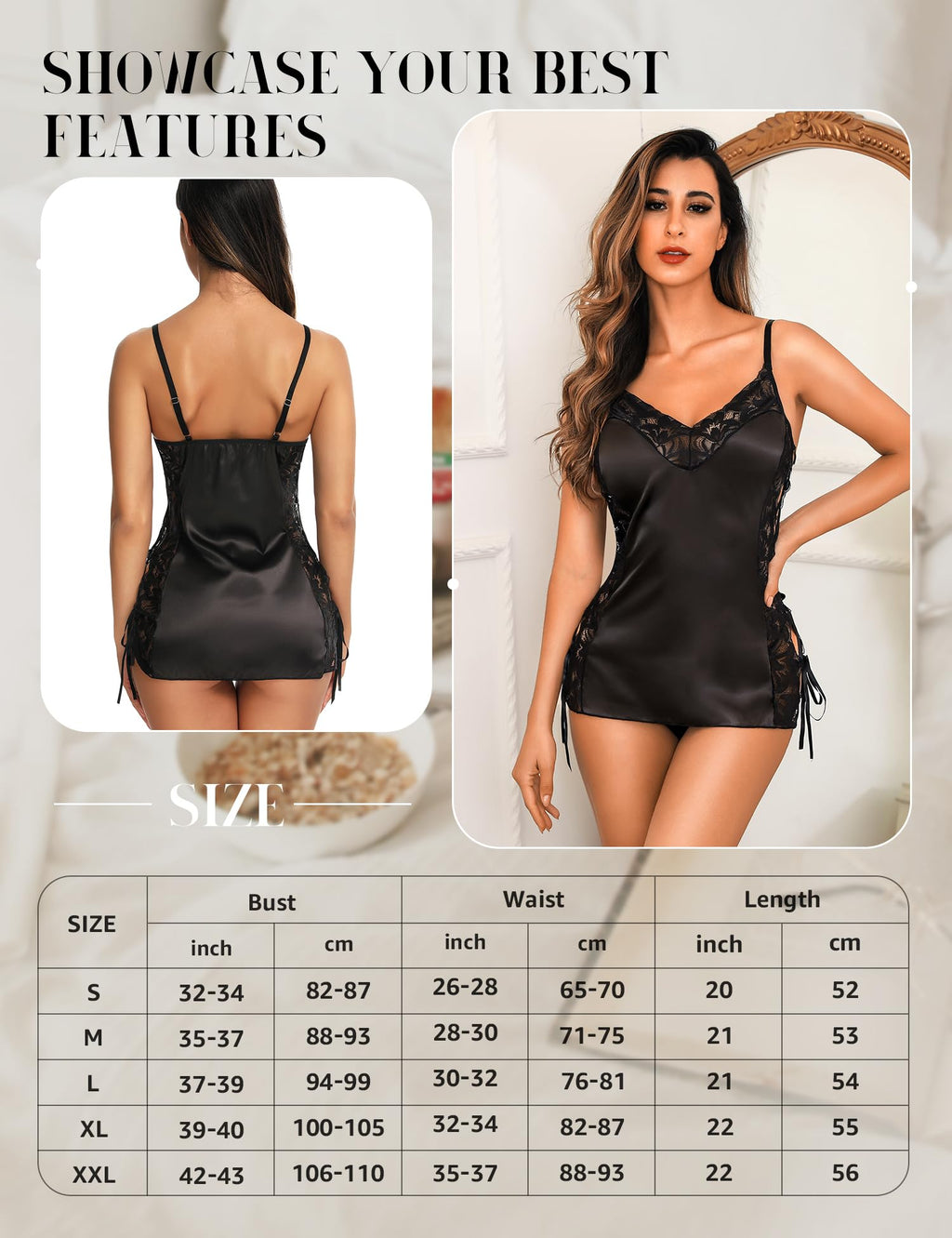 RSLOVE Lingerie Donna Babydoll Indumenti da Notte di Seta Sottoveste Sexy in Pizzo Vestaglia