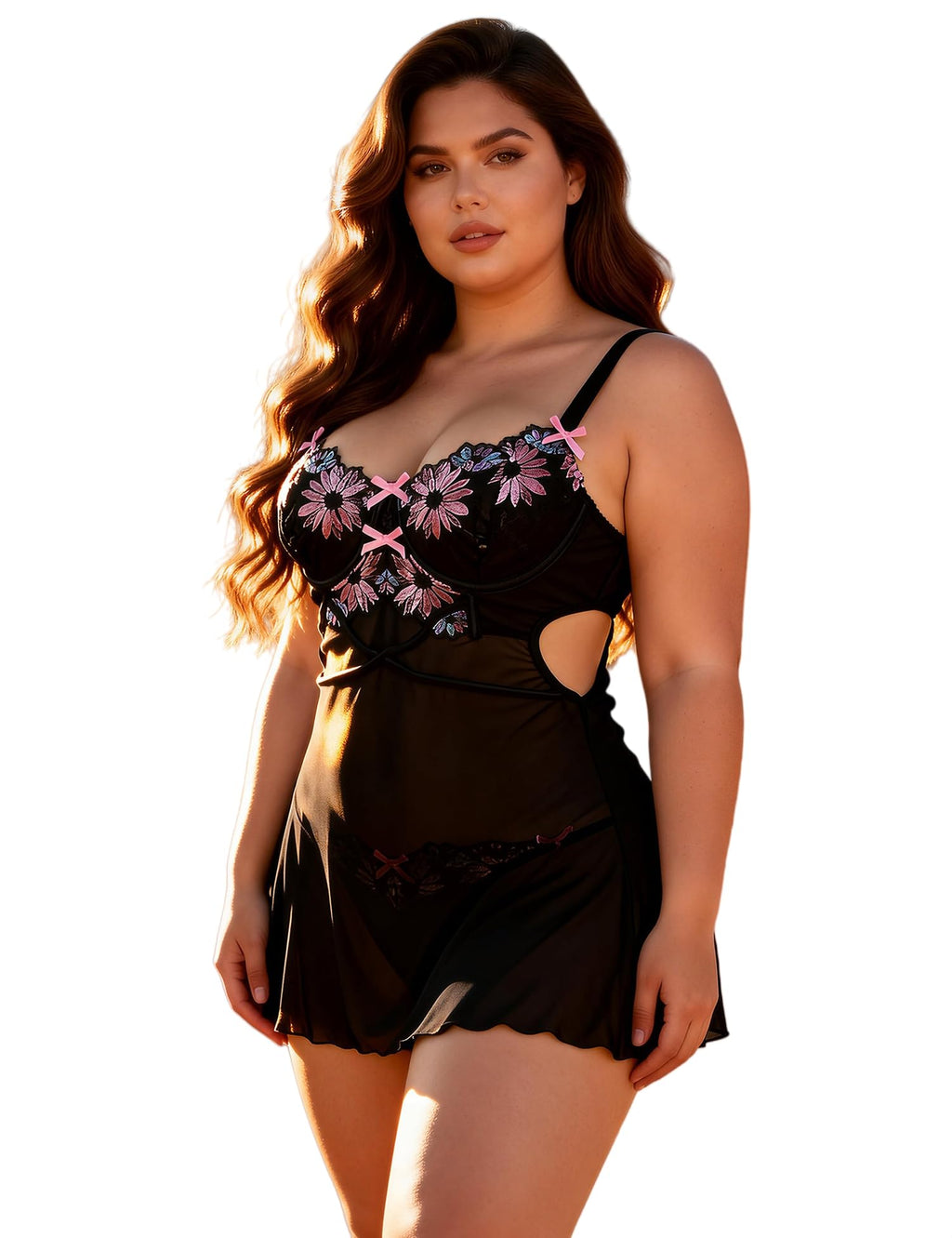 ohmydear Babydoll Donna Pizzo con Ricamo Completo Intimo con Reggiseno Push Up e G-String Camicia da Notte Donna Spalline Regolabile Lingerie Hot Cruvy Abito Senza Schienale