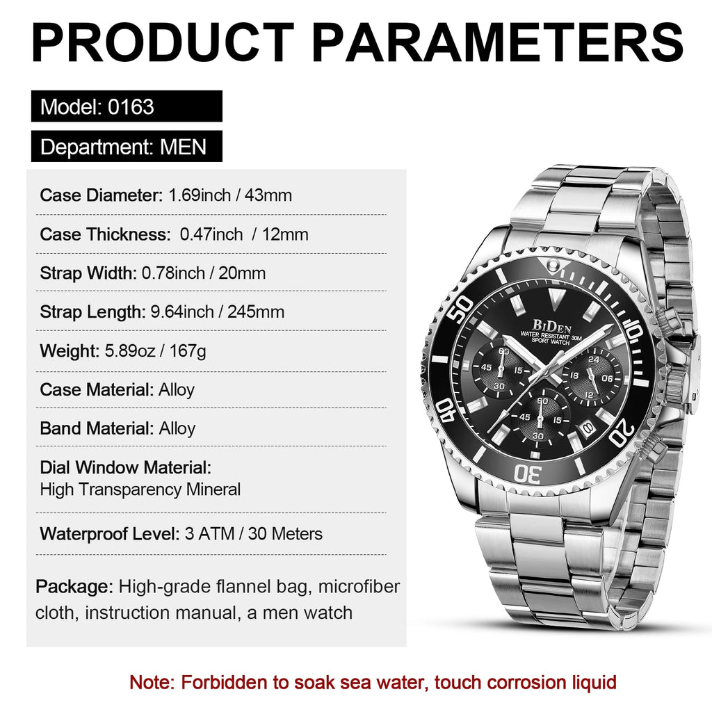 BIDEN Orologio Uomo Orologio Militare Acciaio Cronografo Impermeabile Luminosi Design Orologi Quadrante Grande da Polso Elegante Sportivo Analogici Data…