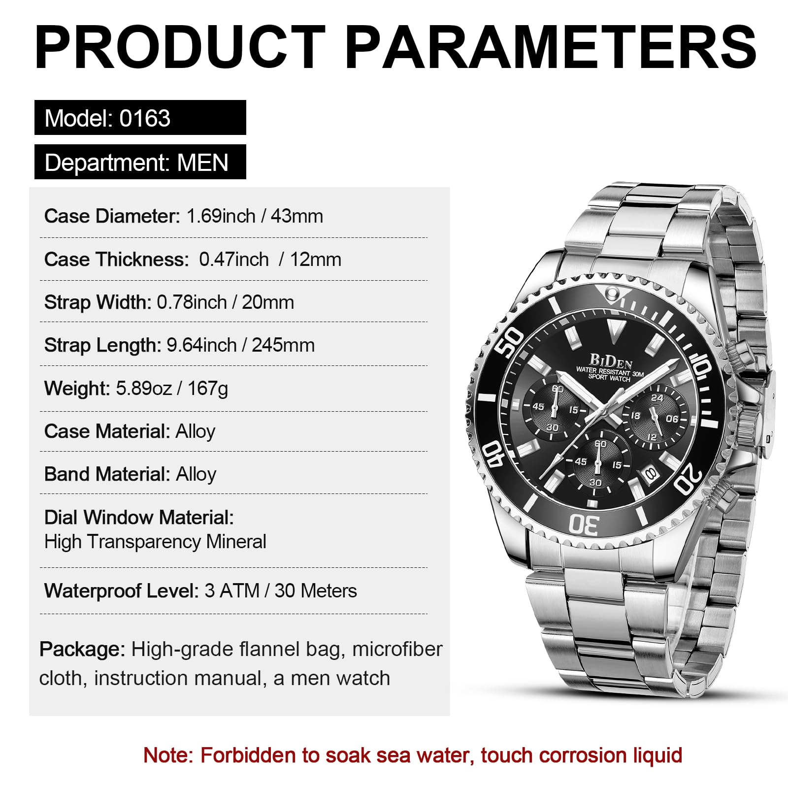 BIDEN Orologio Uomo Orologio Militare Acciaio Cronografo Impermeabile Luminosi Design Orologi Quadrante Grande da Polso Elegante Sportivo Analogici Data…