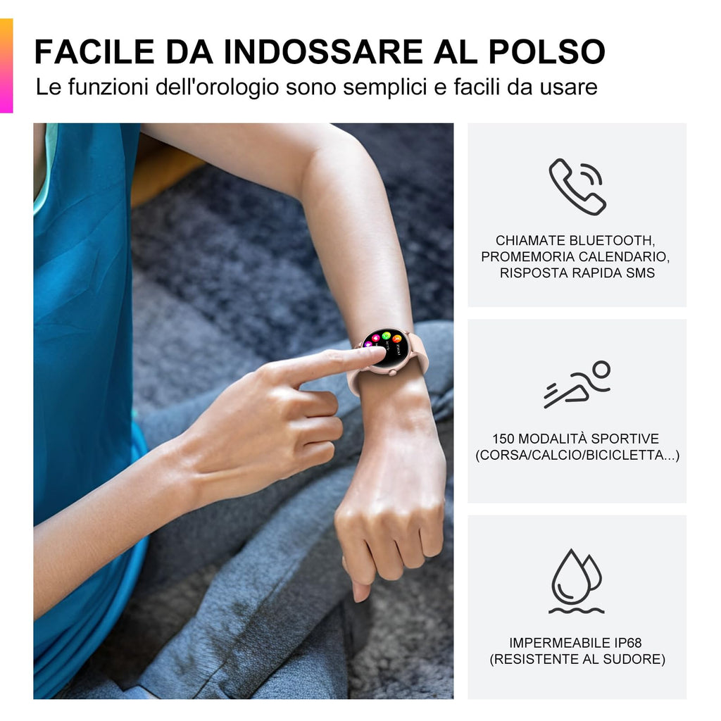 AcclaFit Smartwatch Uomo Donna con Chiamate Bluetooth, Orologio Fitness Rotondo da 1,38" con 147+ Modalità Sportive, Cardiofrequenzimetro, Sonno, IP68 Impermeabile, Compatibile con Android iOS