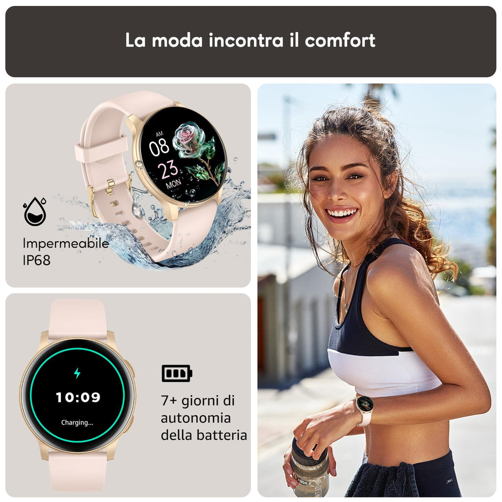 AcclaFit Smartwatch Uomo Donna con Chiamate Bluetooth, Orologio Fitness Rotondo da 1,38" con 147+ Modalità Sportive, Cardiofrequenzimetro, Sonno, IP68 Impermeabile, Compatibile con Android iOS
