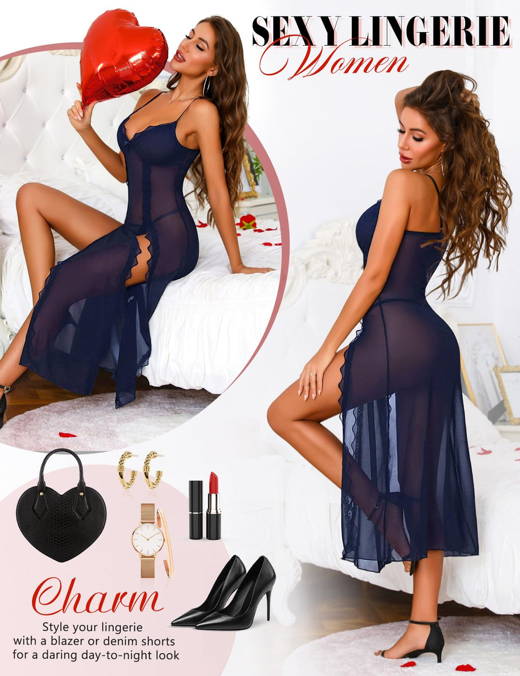 Niwicee Lingerie Donna Sexy Intima Babydoll Pizzo Maglia Lunga Trasparente Pigiama Abito Chemise con Collo a V Fessura Laterale Camicia da Notte Mesh con Perizoma