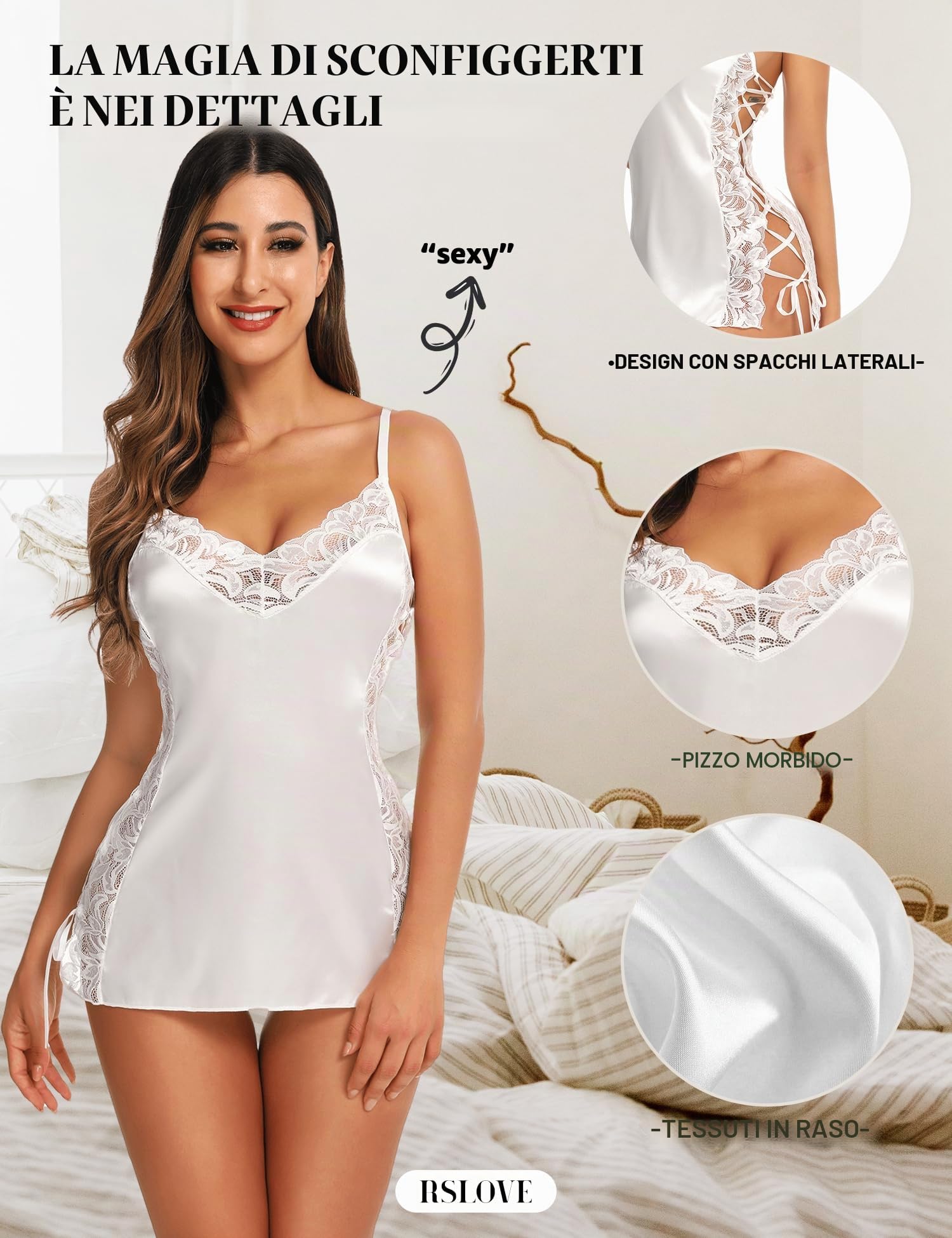RSLOVE Lingerie Donna Babydoll Indumenti da Notte di Seta Sottoveste Sexy in Pizzo Vestaglia