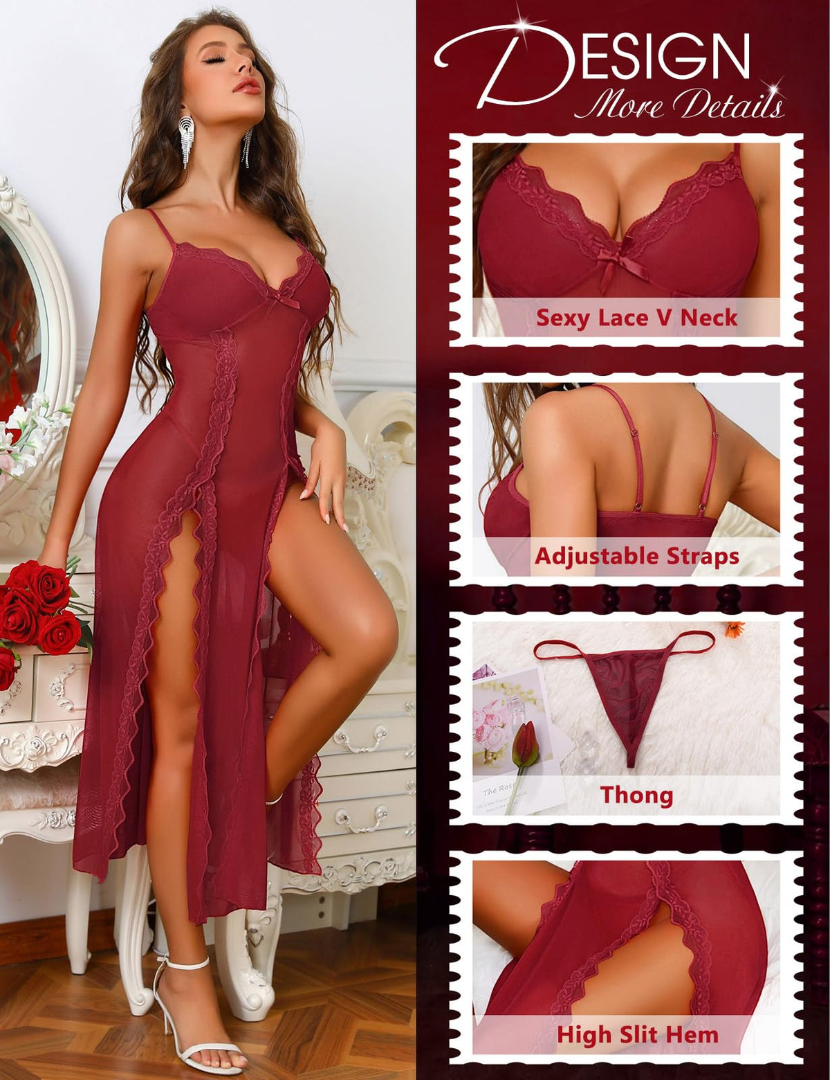 Niwicee Lingerie Donna Sexy Intima Babydoll Pizzo Maglia Lunga Trasparente Pigiama Abito Chemise con Collo a V Fessura Laterale Camicia da Notte Mesh con Perizoma
