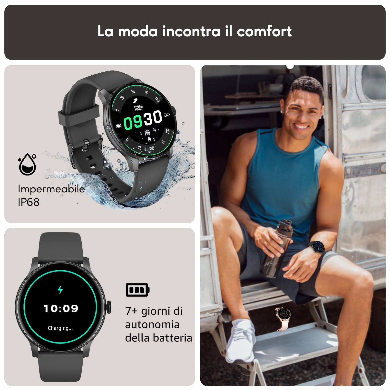 AcclaFit Smartwatch Uomo Donna con Chiamate Bluetooth, Orologio Fitness Rotondo da 1,38" con 147+ Modalità Sportive, Cardiofrequenzimetro, Sonno, IP68 Impermeabile, Compatibile con Android iOS