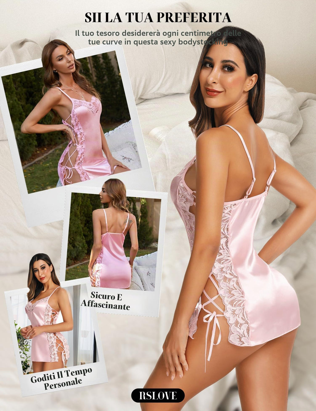 RSLOVE Lingerie Donna Babydoll Indumenti da Notte di Seta Sottoveste Sexy in Pizzo Vestaglia