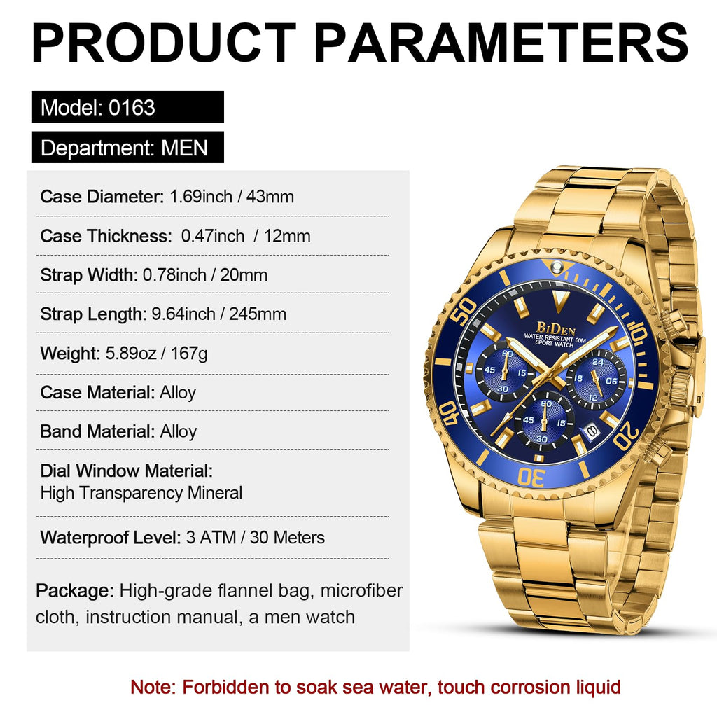 BIDEN Orologio Uomo Orologio Militare Acciaio Cronografo Impermeabile Luminosi Design Orologi Quadrante Grande da Polso Elegante Sportivo Analogici Data…