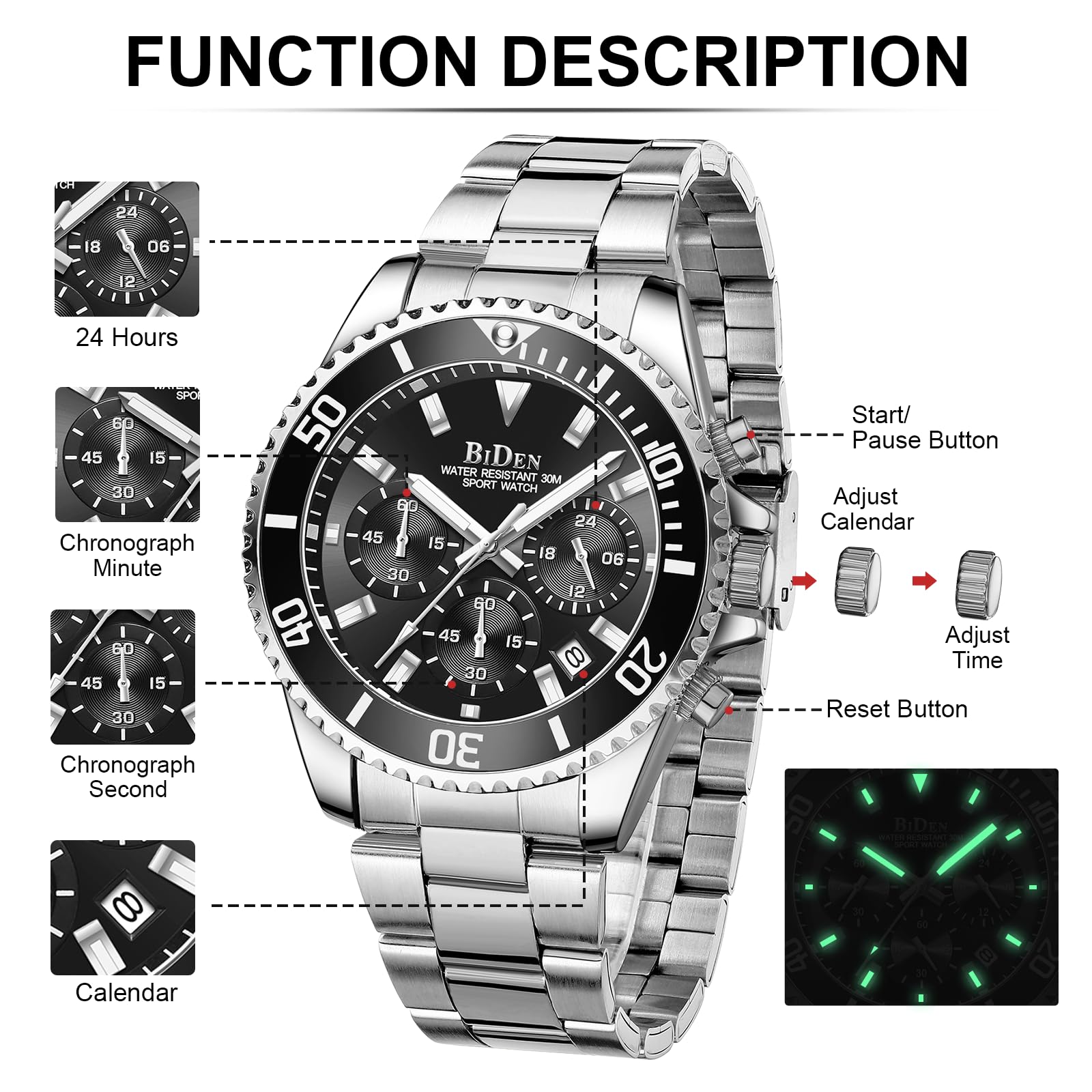 BIDEN Orologio Uomo Orologio Militare Acciaio Cronografo Impermeabile Luminosi Design Orologi Quadrante Grande da Polso Elegante Sportivo Analogici Data…