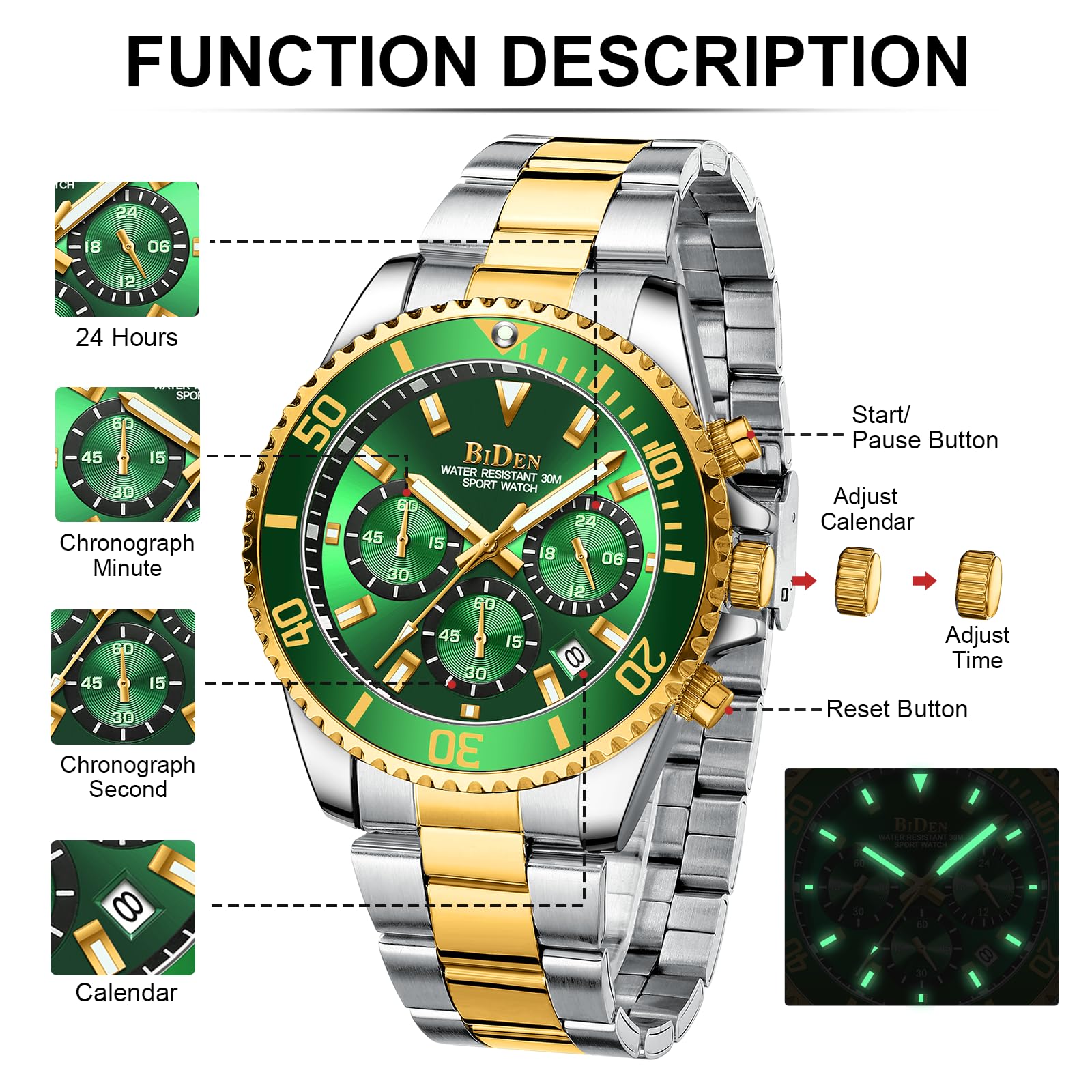 BIDEN Orologio Uomo Orologio Militare Acciaio Cronografo Impermeabile Luminosi Design Orologi Quadrante Grande da Polso Elegante Sportivo Analogici Data…
