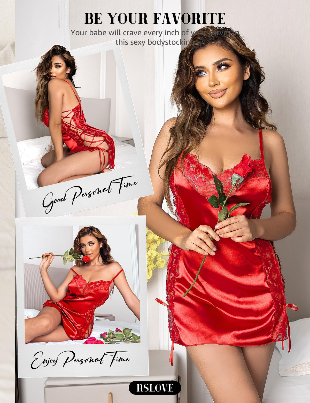 RSLOVE Lingerie Donna Babydoll Indumenti da Notte di Seta Sottoveste Sexy in Pizzo Vestaglia