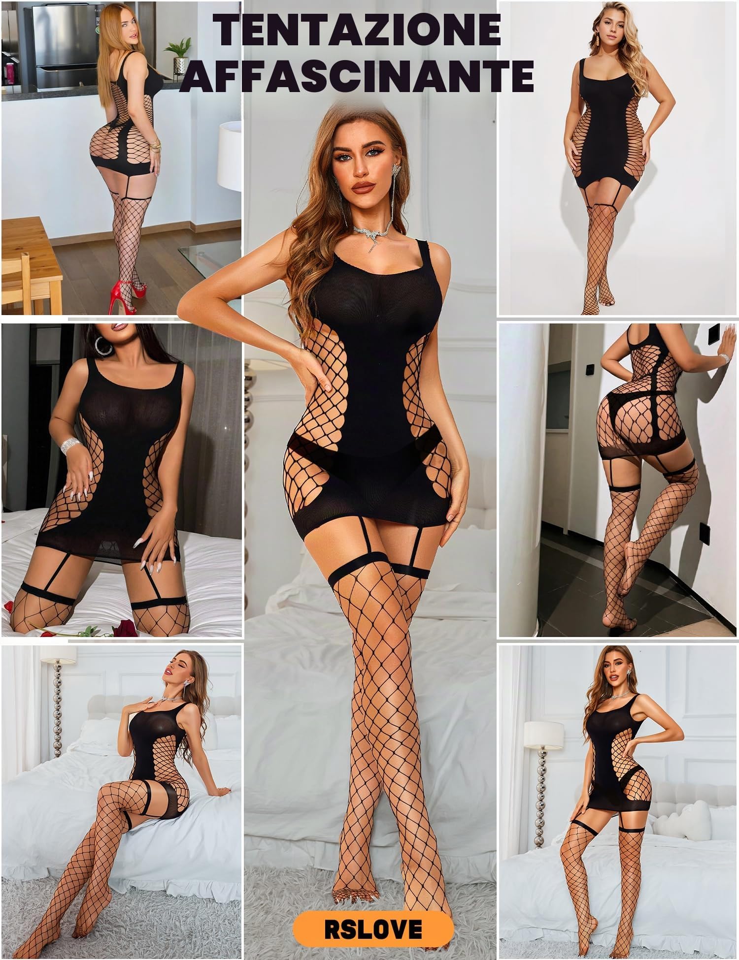 RSLOVE Intimo Donna Lingerie Babydoll Sexy Bodystocking a Rete Camicia da Notte