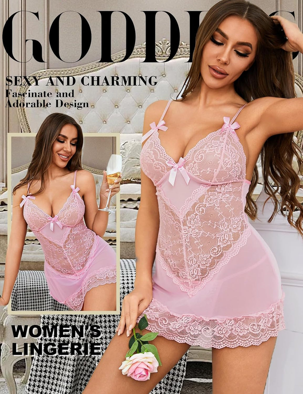 Tuopuda Lingerie Donna Sexy Intima Babydoll in Pizzo Camicia da Notte in Maglia Trasparente Intima da Notte Scollo a V Aperto Mini Abito con Perizoma