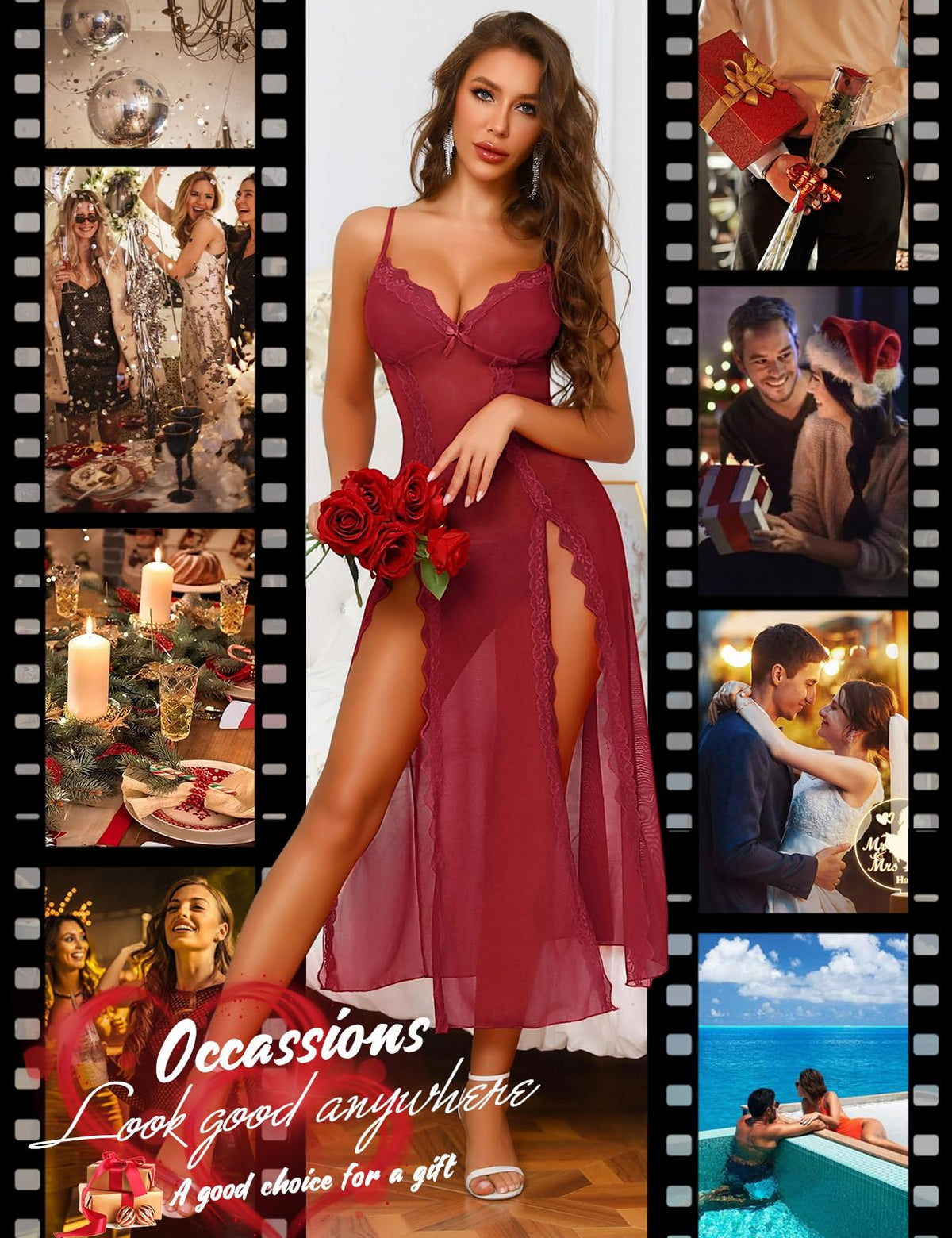 Niwicee Lingerie Donna Sexy Intima Babydoll Pizzo Maglia Lunga Trasparente Pigiama Abito Chemise con Collo a V Fessura Laterale Camicia da Notte Mesh con Perizoma