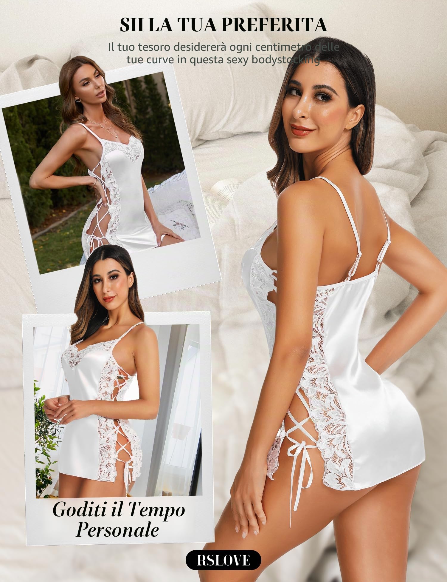 RSLOVE Lingerie Donna Babydoll Indumenti da Notte di Seta Sottoveste Sexy in Pizzo Vestaglia