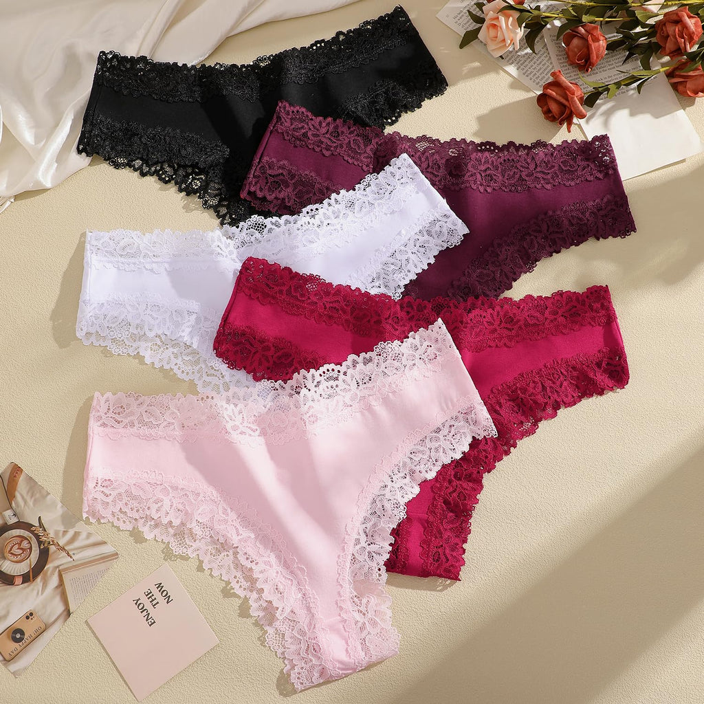 ALL OF SHE Mutande Brasiliana Donna Cotone Slip Pizzo Set Mutandine a Vita Bassa Intimo Seducente Culotte Underwear Pacco da 5