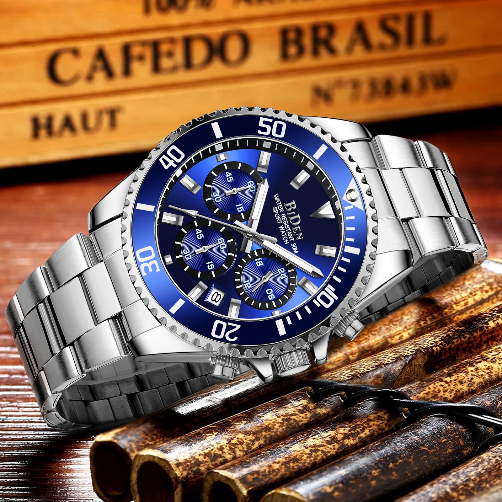 BIDEN Orologio Uomo Orologio Militare Acciaio Cronografo Impermeabile Luminosi Design Orologi Quadrante Grande da Polso Elegante Sportivo Analogici Data…