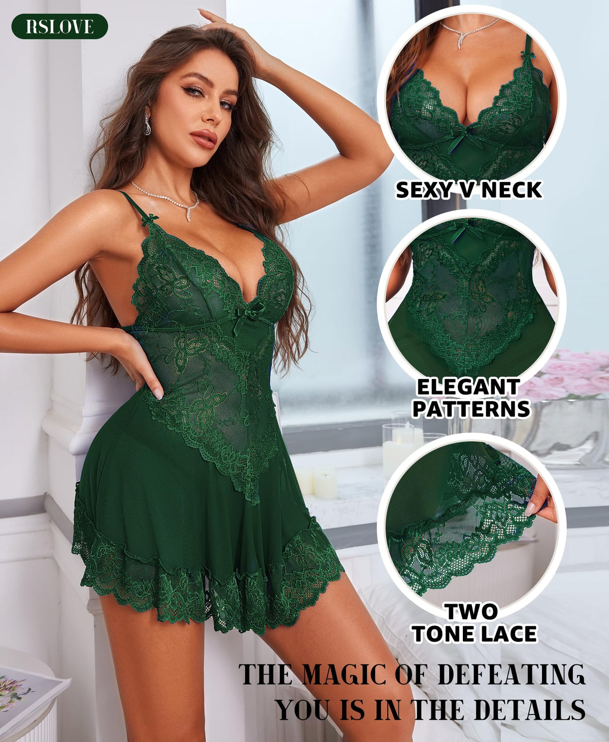 RSLOVE Lingerie per Donna Babydoll in Pizzo Camicia da Notte Sexy in Maglia Chemise con Scollo a V Abito da Notte