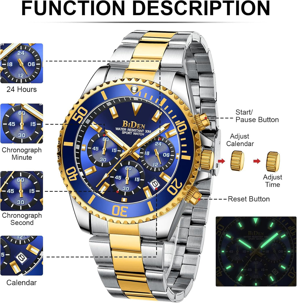 BIDEN Orologio Uomo Orologio Militare Acciaio Cronografo Impermeabile Luminosi Design Orologi Quadrante Grande da Polso Elegante Sportivo Analogici Data…