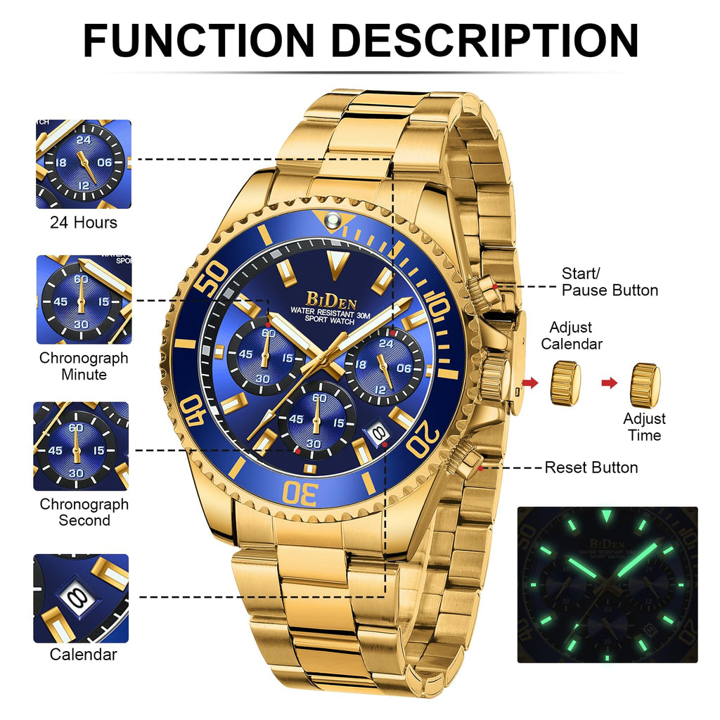 BIDEN Orologio Uomo Orologio Militare Acciaio Cronografo Impermeabile Luminosi Design Orologi Quadrante Grande da Polso Elegante Sportivo Analogici Data…