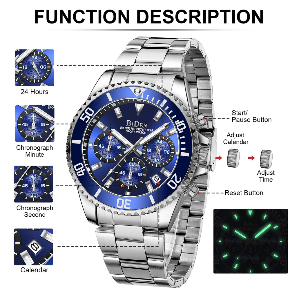 BIDEN Orologio Uomo Orologio Militare Acciaio Cronografo Impermeabile Luminosi Design Orologi Quadrante Grande da Polso Elegante Sportivo Analogici Data…