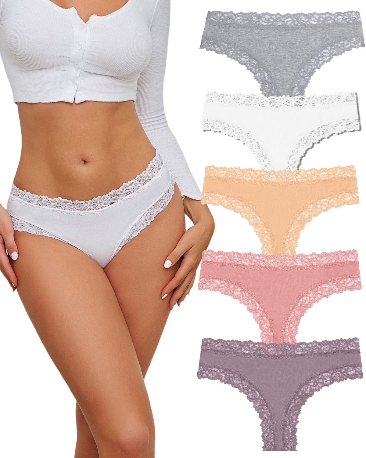 ALL OF SHE Mutande Brasiliana Donna Cotone Slip Pizzo Set Mutandine a Vita Bassa Intimo Seducente Culotte Underwear Pacco da 5