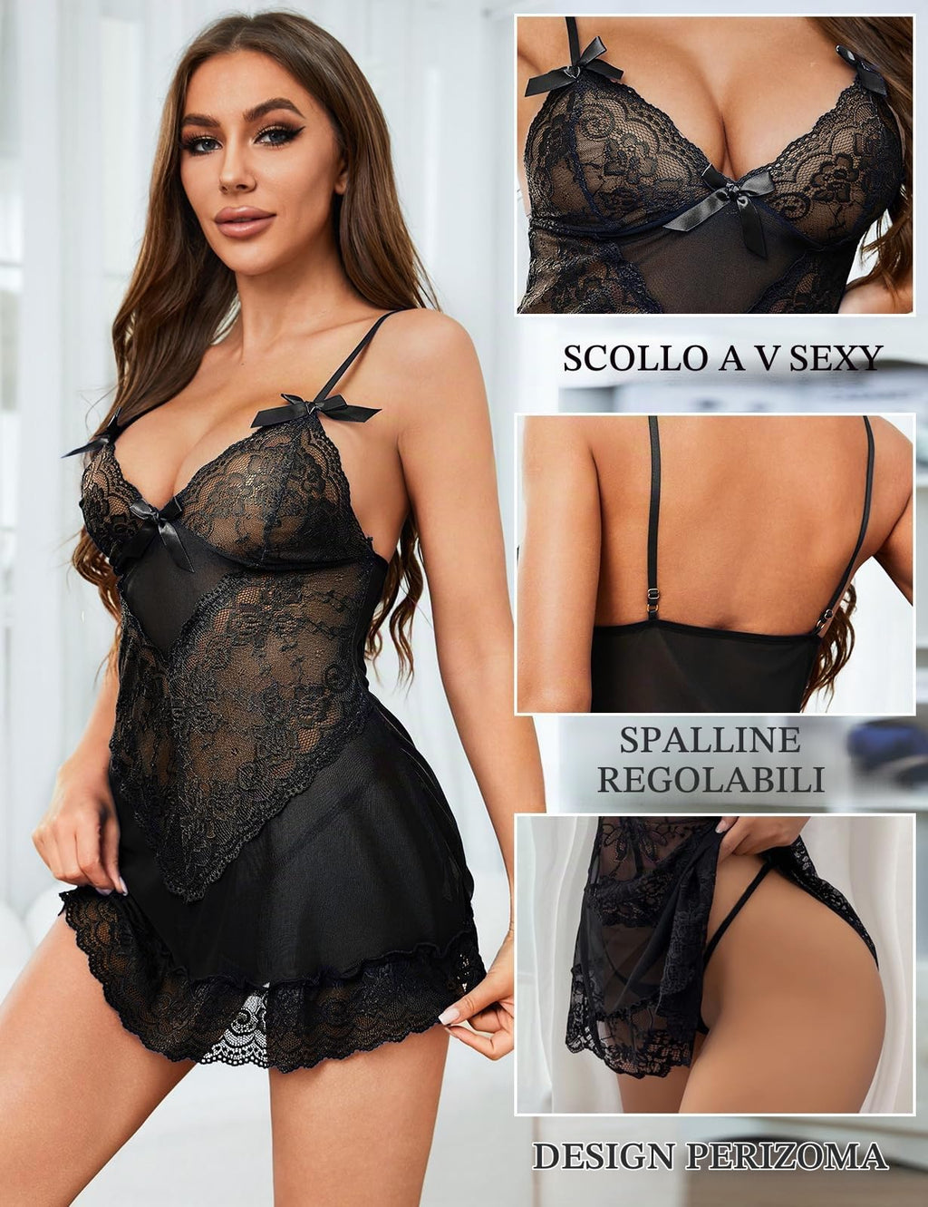 Tuopuda Lingerie Donna Sexy Intima Babydoll in Pizzo Camicia da Notte in Maglia Trasparente Intima da Notte Scollo a V Aperto Mini Abito con Perizoma