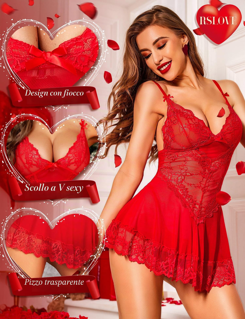 RSLOVE Lingerie per Donna Babydoll in Pizzo Camicia da Notte Sexy in Maglia Chemise con Scollo a V Abito da Notte