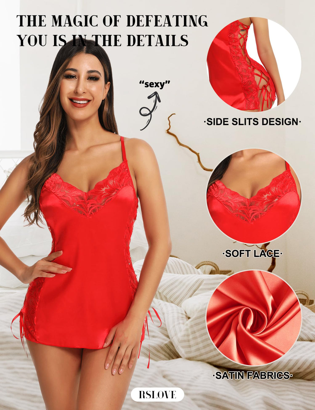 RSLOVE Lingerie Donna Babydoll Indumenti da Notte di Seta Sottoveste Sexy in Pizzo Vestaglia