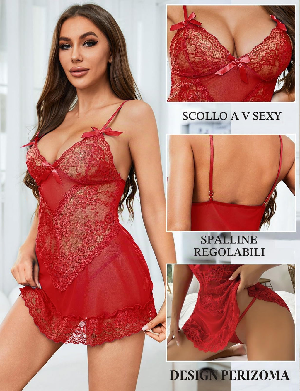 Tuopuda Lingerie Donna Sexy Intima Babydoll in Pizzo Camicia da Notte in Maglia Trasparente Intima da Notte Scollo a V Aperto Mini Abito con Perizoma