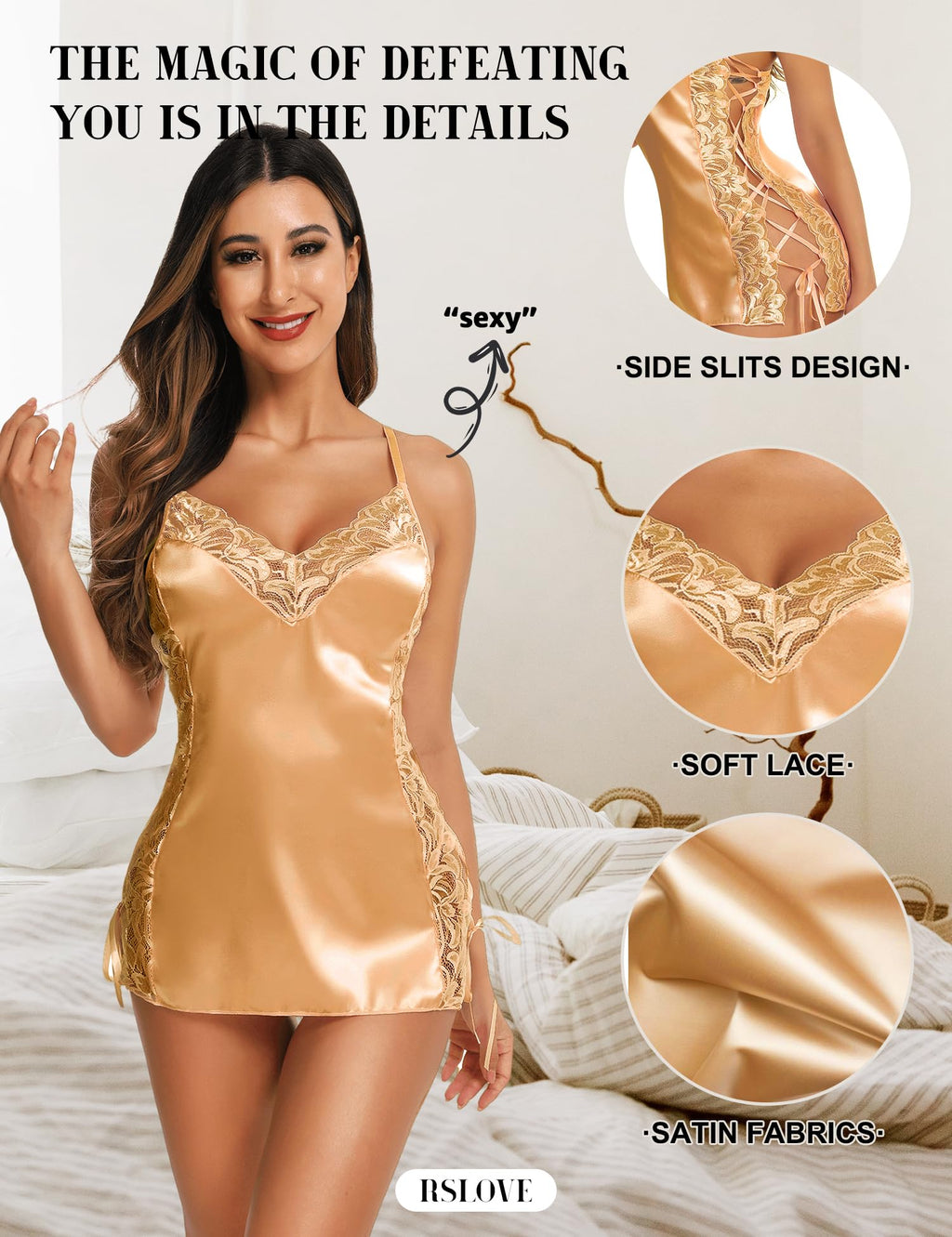 RSLOVE Lingerie Donna Babydoll Indumenti da Notte di Seta Sottoveste Sexy in Pizzo Vestaglia