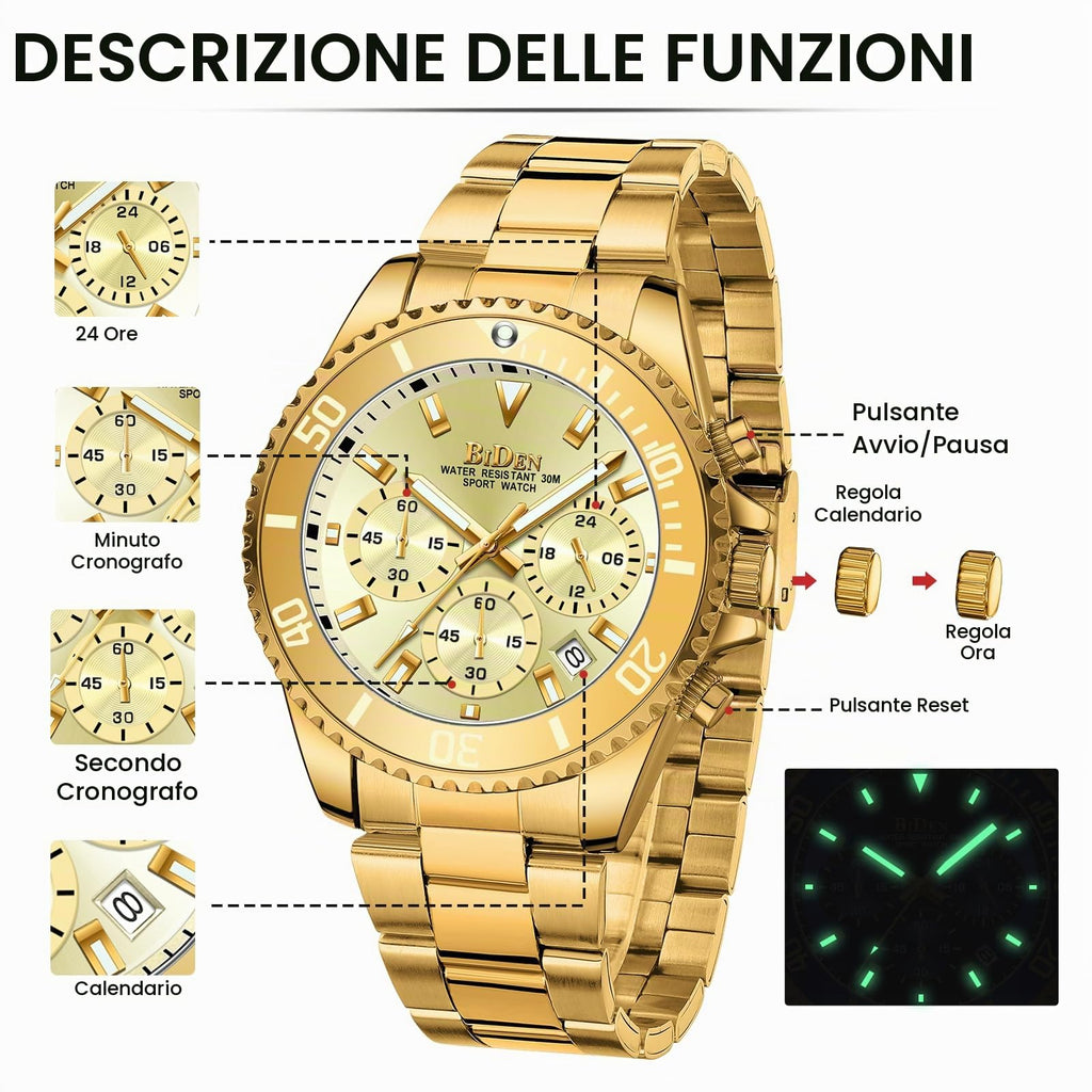 BIDEN Orologio Uomo Orologio Militare Acciaio Cronografo Impermeabile Luminosi Design Orologi Quadrante Grande da Polso Elegante Sportivo Analogici Data…