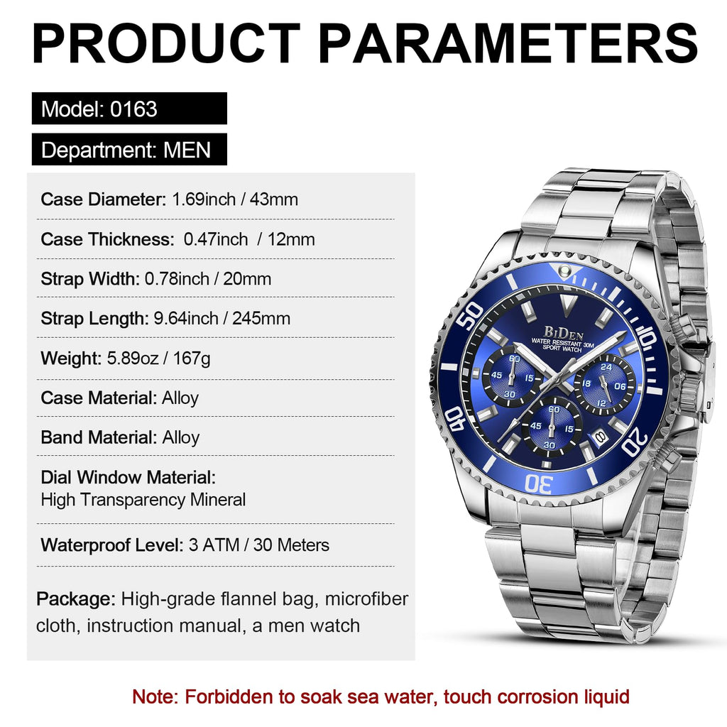 BIDEN Orologio Uomo Orologio Militare Acciaio Cronografo Impermeabile Luminosi Design Orologi Quadrante Grande da Polso Elegante Sportivo Analogici Data…