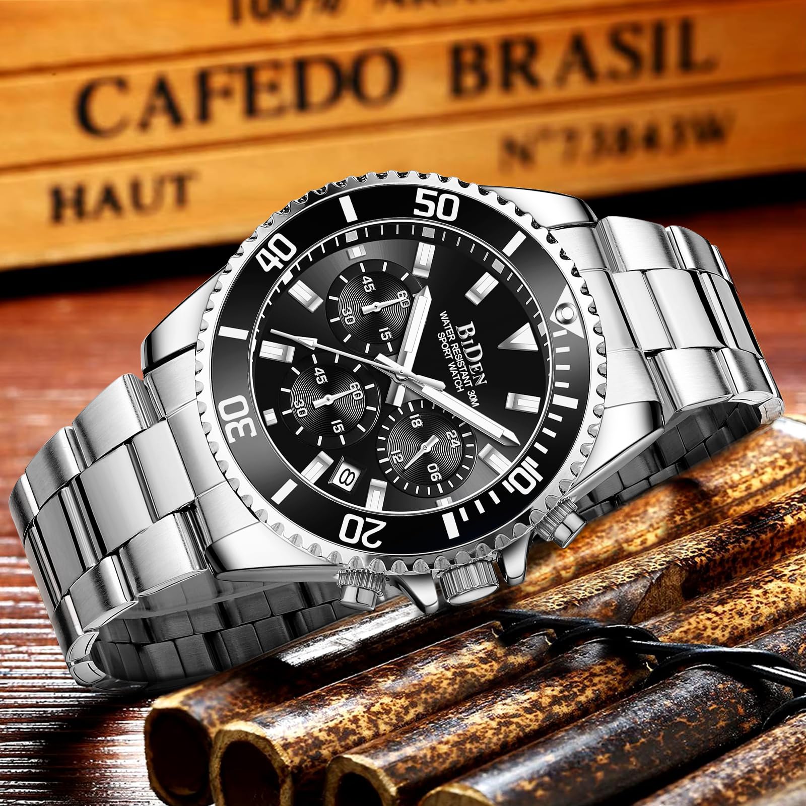 BIDEN Orologio Uomo Orologio Militare Acciaio Cronografo Impermeabile Luminosi Design Orologi Quadrante Grande da Polso Elegante Sportivo Analogici Data…
