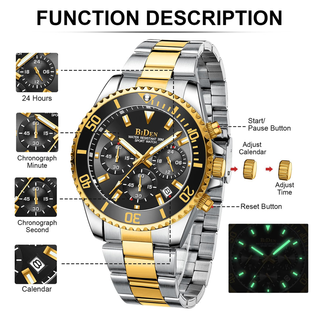 BIDEN Orologio Uomo Orologio Militare Acciaio Cronografo Impermeabile Luminosi Design Orologi Quadrante Grande da Polso Elegante Sportivo Analogici Data…