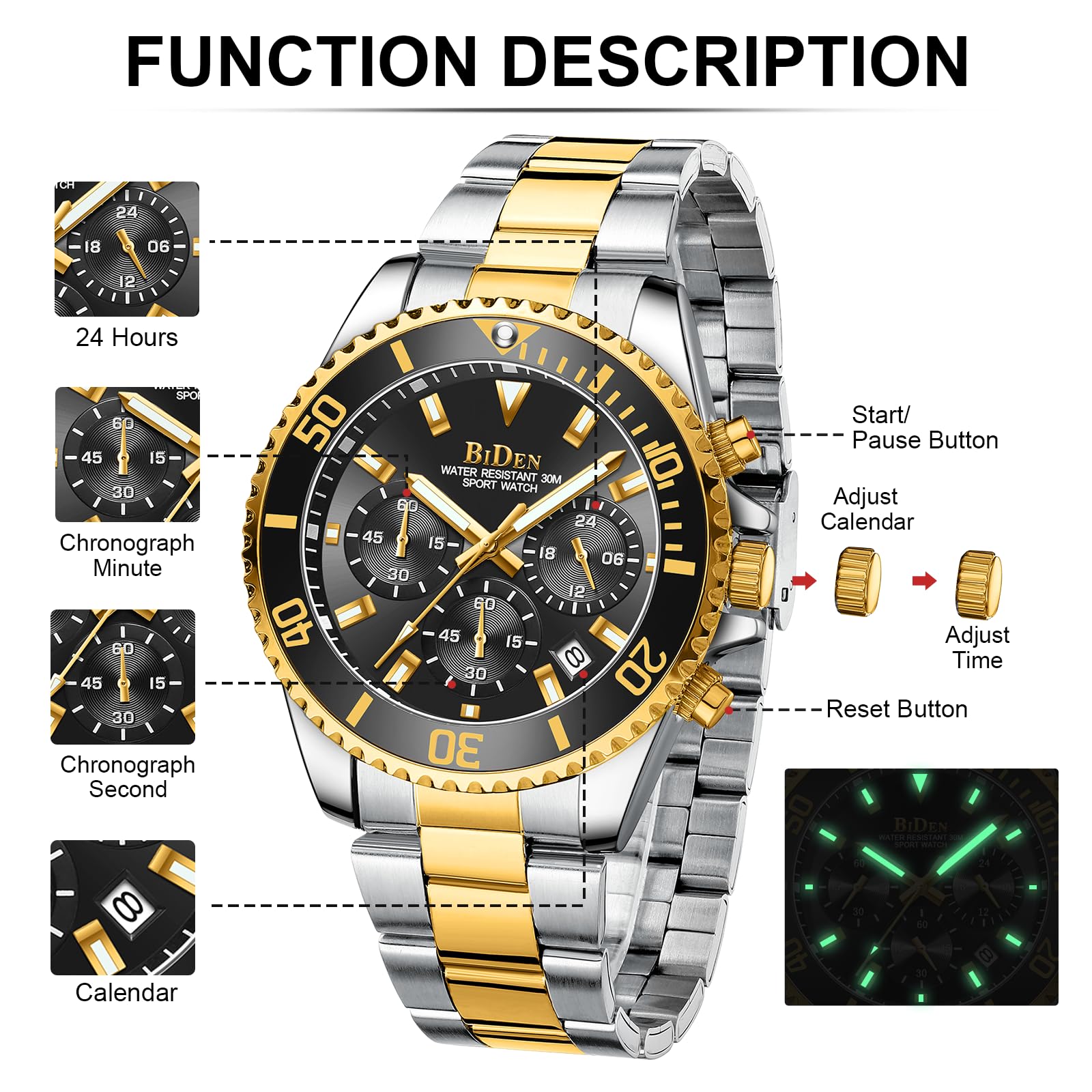 BIDEN Orologio Uomo Orologio Militare Acciaio Cronografo Impermeabile Luminosi Design Orologi Quadrante Grande da Polso Elegante Sportivo Analogici Data…