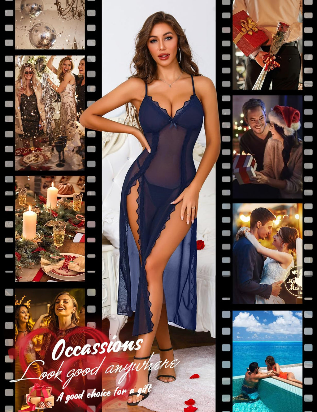 Niwicee Lingerie Donna Sexy Intima Babydoll Pizzo Maglia Lunga Trasparente Pigiama Abito Chemise con Collo a V Fessura Laterale Camicia da Notte Mesh con Perizoma