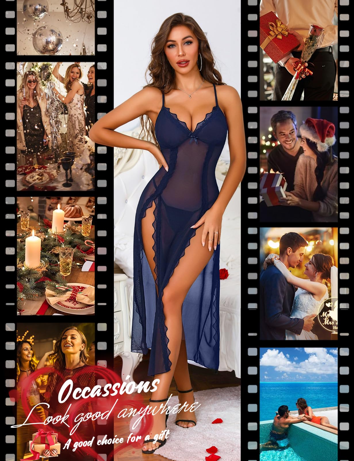 Niwicee Lingerie Donna Sexy Intima Babydoll Pizzo Maglia Lunga Trasparente Pigiama Abito Chemise con Collo a V Fessura Laterale Camicia da Notte Mesh con Perizoma