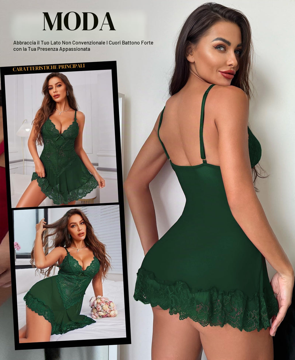 RSLOVE Lingerie per Donna Babydoll in Pizzo Camicia da Notte Sexy in Maglia Chemise con Scollo a V Abito da Notte